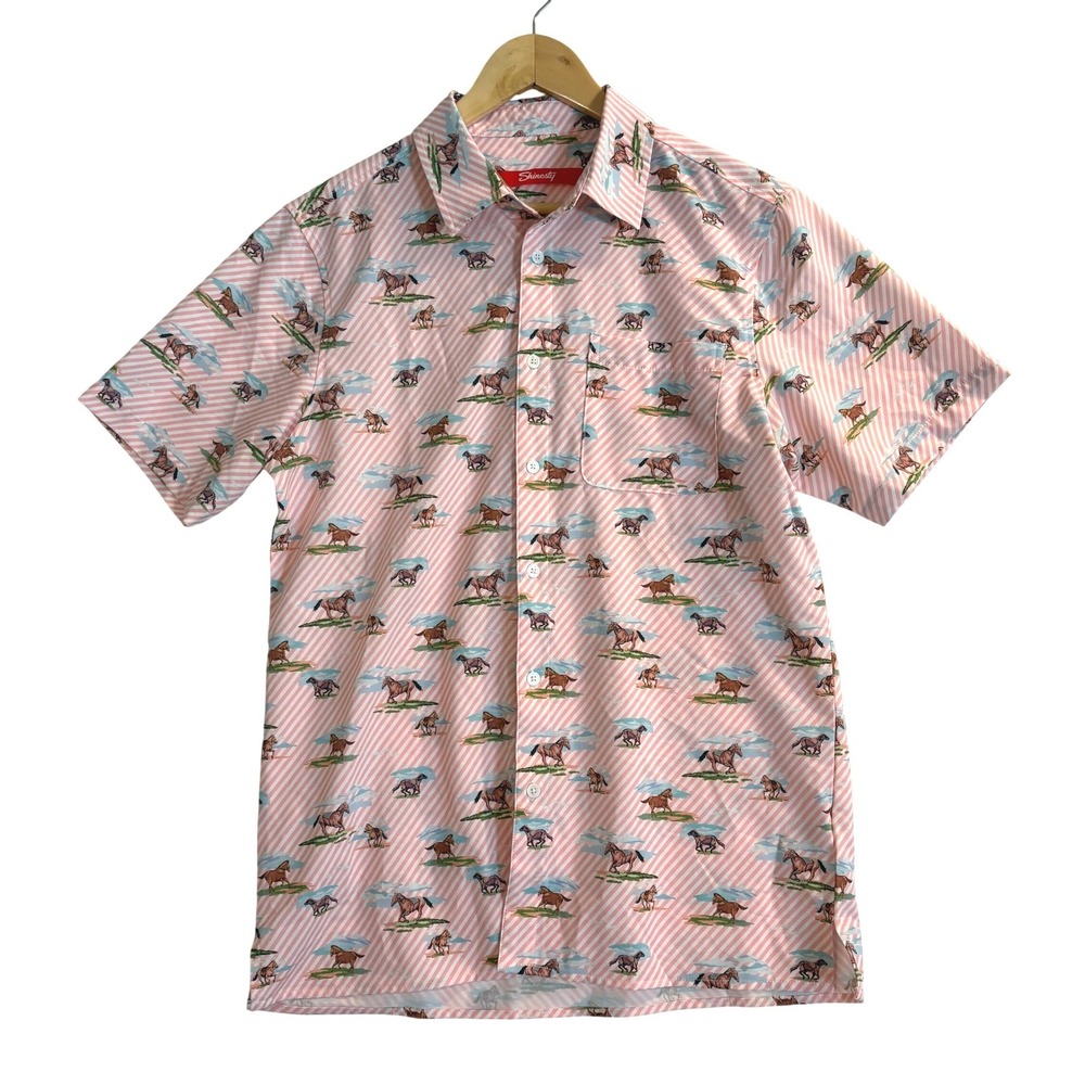 Shinesty Mens Horse Print Button Down Shirt Pink Striped Short Sleeve Medium